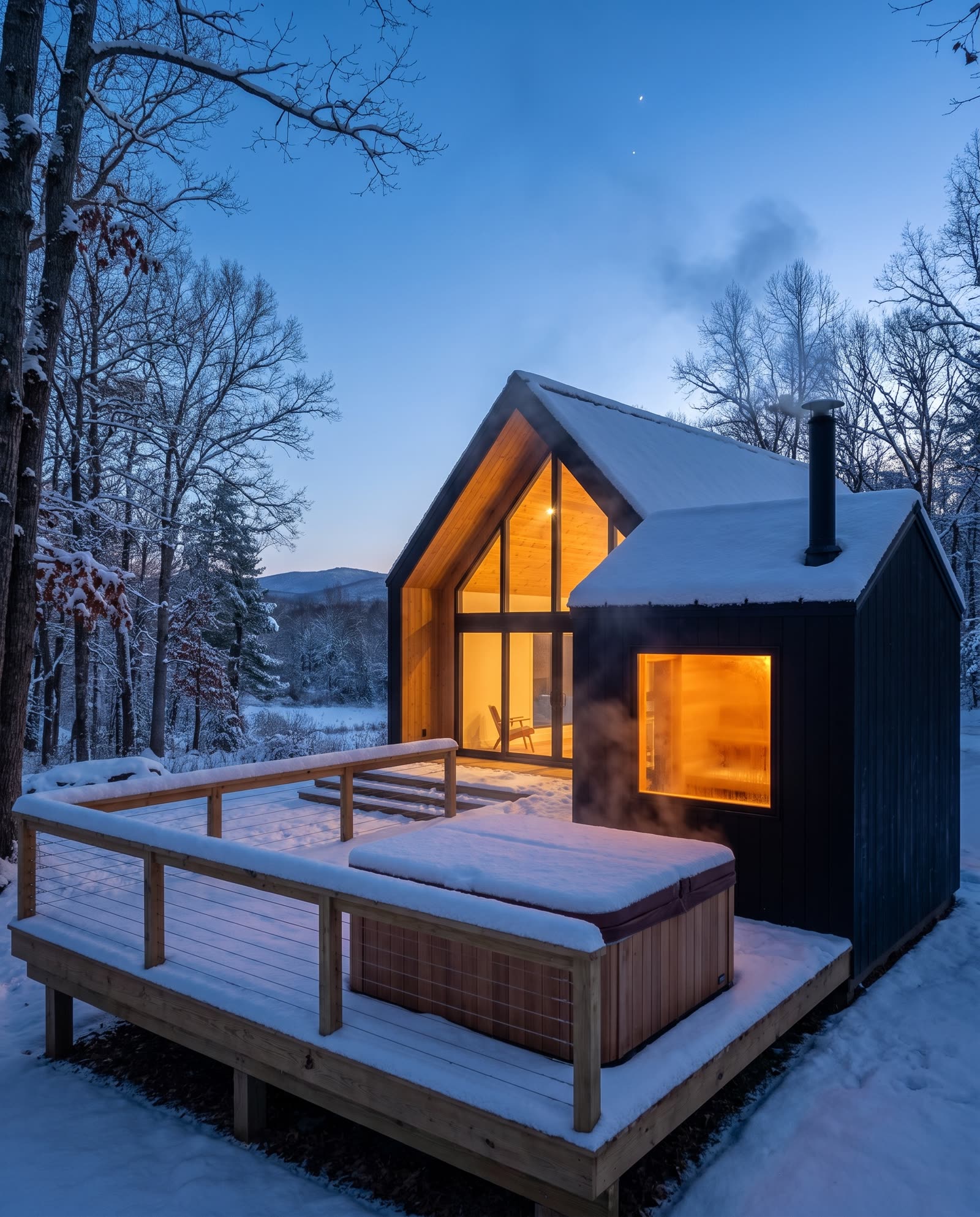 Concept render: the cabin deck in January at dusk, the wood-fired sauna glowing, the tub steaming, fresh snow