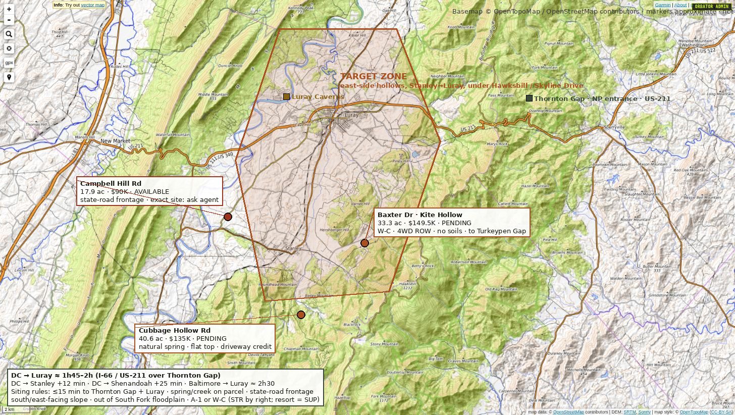 Annotated topographic map of Page County, Virginia showing the search area between Stanley and Luray beneath Hawksbill Mountain, with Skyline Drive, Luray Caverns and the Shenandoah River marked