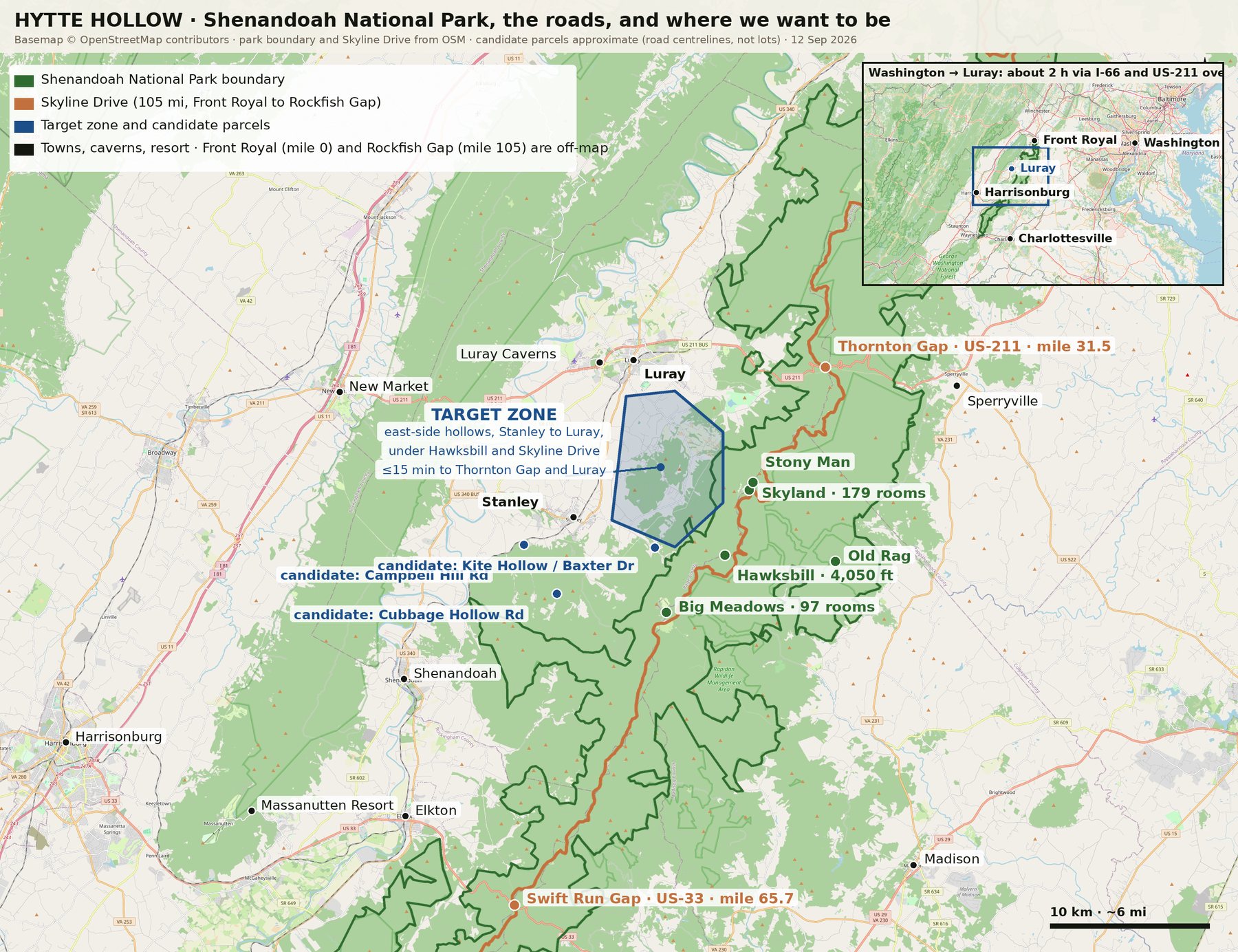 Map of Shenandoah National Park with Skyline Drive and its entrances, the towns of Luray and Stanley, US-211 and US-340, and the target zone for Hytte Hollow in the hollows between Stanley and Luray beneath Hawksbill Mountain